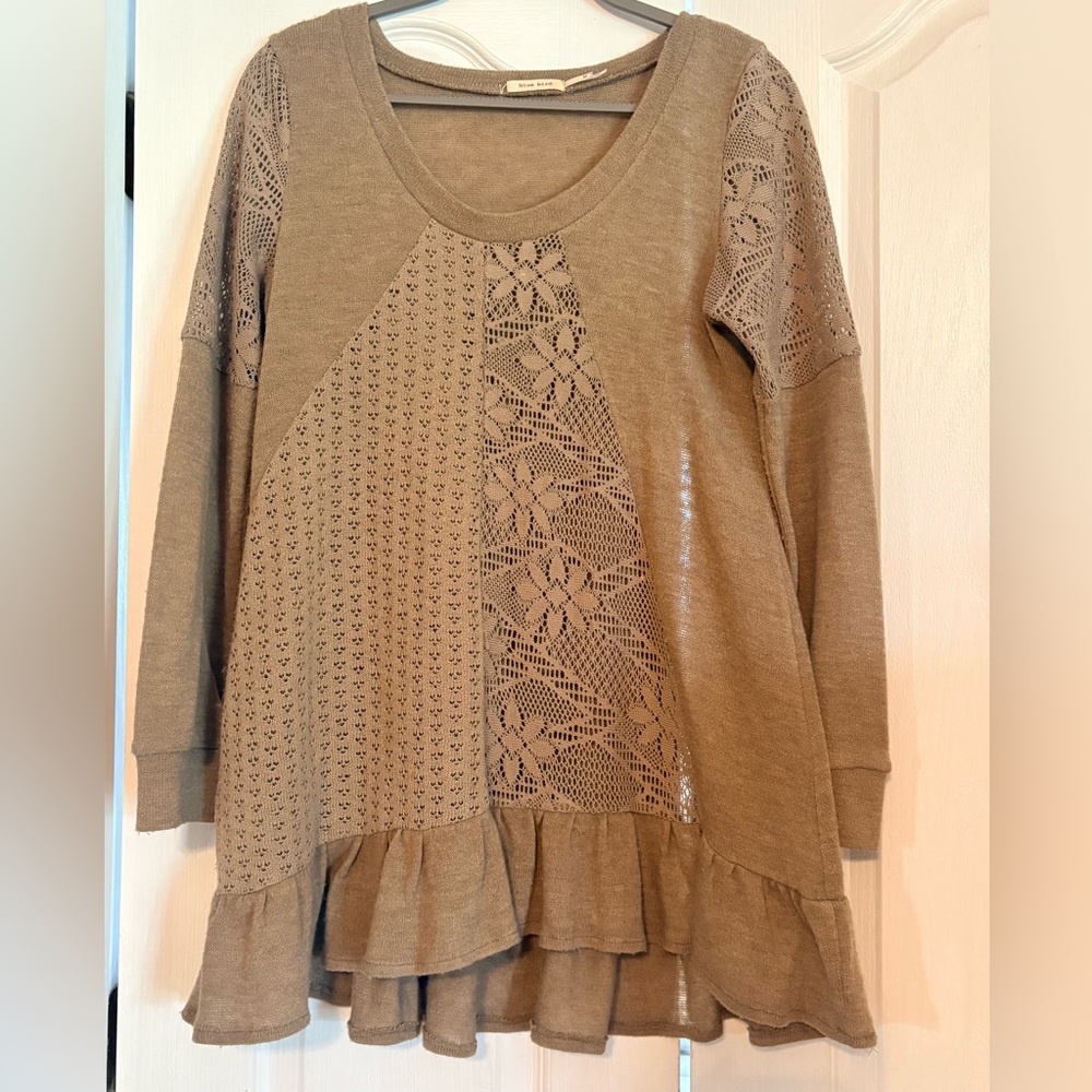 Blue Bird Lace-Panel Ruffle Hem Tunic in Tan